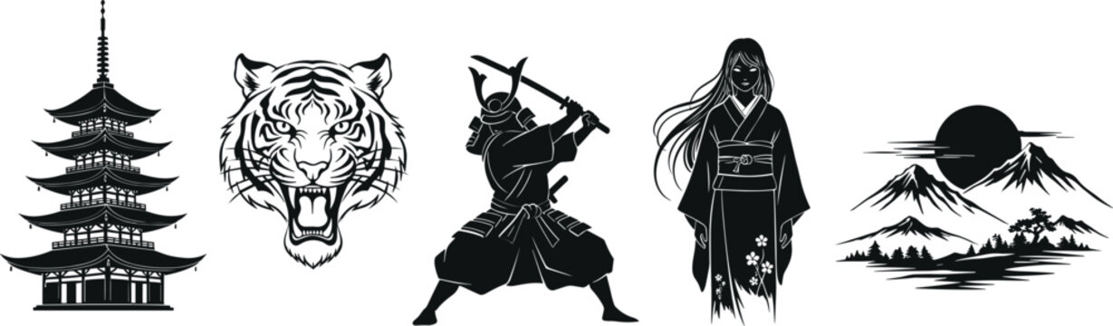 Japanese cultural icons including pagoda tiger warrior and mountains silhouette