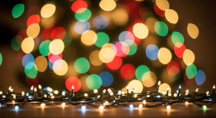 Festive string lights and abstract bokeh glow in a beautiful, warm, and celebratory display