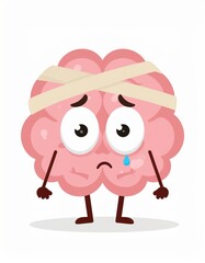 Obraz premium A cartoon brain character with a sad expression, bandaged and teary, conveying a sense of worry or distress.