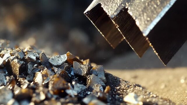A close-up shot of a knife slicing through a pile of rocks, highlighting the sharpness and precision