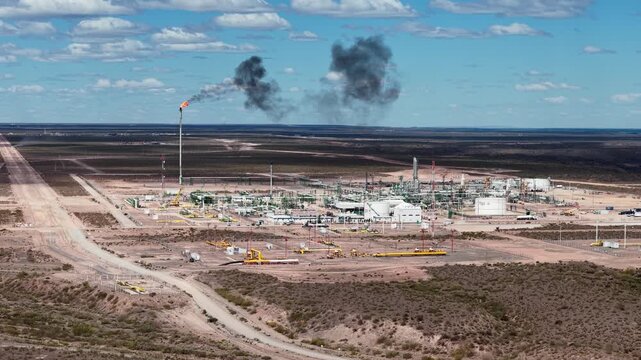 Vaca Muerta, Argentina, October 27, 2025: Aerial view of the Tratay&eacute;n Compressor Plant, a gas transporter in "Vaca Muerta".