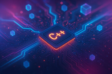 Glow illuminated futuristic processor chip with C plus plus sign embedded within cyber neon circuits for innovative software programming design