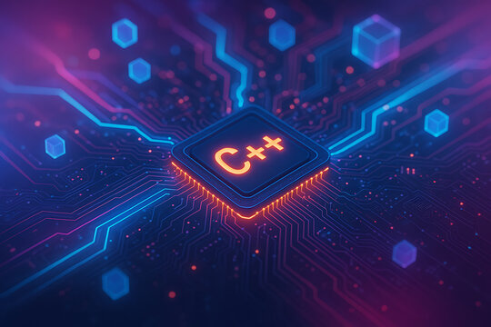Glow illuminated futuristic processor chip with C plus plus sign embedded within cyber neon circuits for innovative software programming design