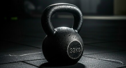 Gritty 32KG black kettlebell covered in moisture, resting on a textured gym floor, ready for an intense strength and conditioning workout session