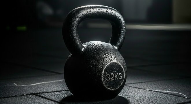 Gritty 32KG black kettlebell covered in moisture, resting on a textured gym floor, ready for an intense strength and conditioning workout session