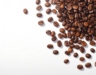 Roasted Coffee Beans Scattered on White Background