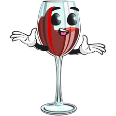 cute red wine glass mascot character welcome with open hands, funny cartoon vector illustration, work of hand drawn