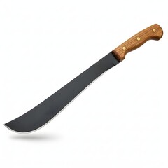 Fototapeta premium Sharp Machete with Black Blade and Wooden Handle on White Background for Jungle Exploration Outdoor Adventures and Survival Gear Perfectly Suited for Cutting