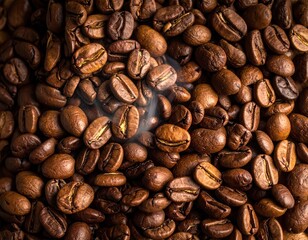 Roasted Coffee Beans Steaming Dark Brown Background