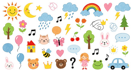 Colorful hand drawn doodle elements isolated on childish style vector illustration cute sun, cloud, rainbow, flower, tree, house, animal, and other objects