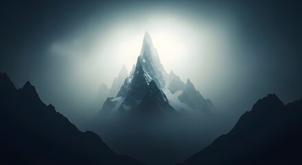 Dramatic mountain peak shrouded in fog a high contrast landscape illustration with sharp rocks and imposing structure under bright light