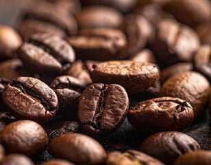 Roasted Coffee Beans Texture Background Detail Close Up Macro Photography Dark Brown Color Coffee Beans Pile Studio Shot Still Life Aroma Rich