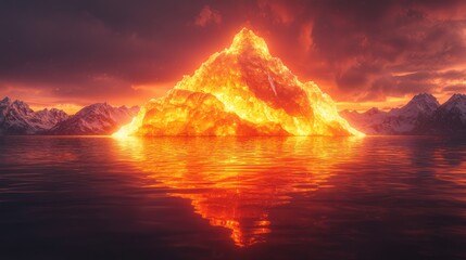 Fiery iceberg sunset, arctic sea, dramatic reflection, climate change concept, fantasy illustration