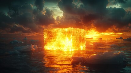 Fiery cube floats on arctic ocean at sunset; climate change concept; stock photo