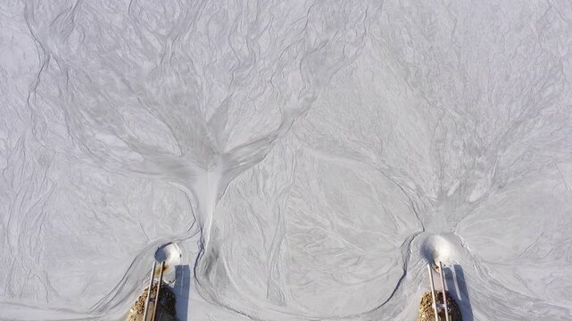 Aerial drone view of tailings pond near a cement factory near to Devnya, Varna, Bulgaria. Industrial scene of environmental impact