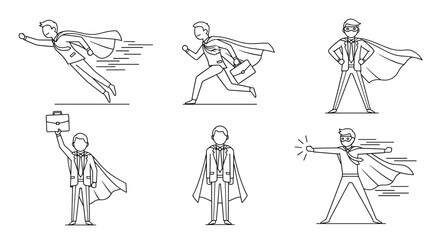 Superhero businessman in thin line style isolated on set of linear super power man for business presentation, infographic, and other creative projects
