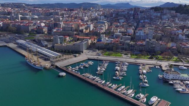 Aerial view of Vigo city center in Pontevedra, Galicia, Spain. Coastal city on the Ria de Vigo inlet, Capital Comarca.