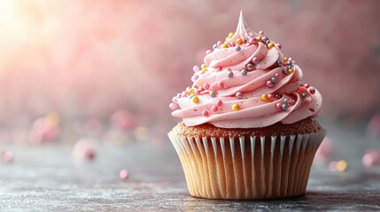 Pink frosted cupcake with sprinkles, celebratory background, dessert photography, food blog