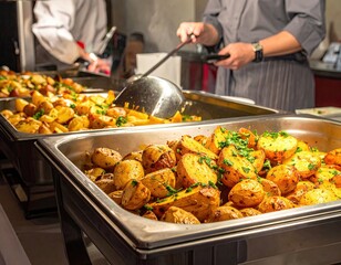 Roasted Potatoes Buffet: Golden Brown Potatoes with Herbs in Chafing Dishes