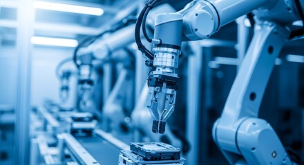 Robotic arms working on product assembly line in factory with automated industrial machinery and manufacturing technology automation