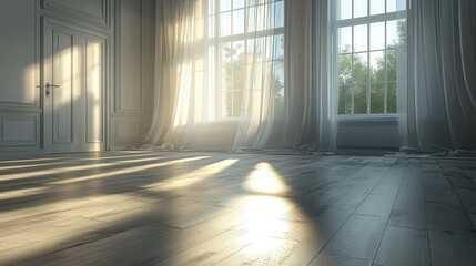 Sunlight streams into a classic interior, illuminating wooden floor. Possible use Home decor, interior design, architecture