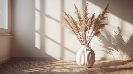 Pampas grass in vase, sunlit room, wooden floor, interior design
