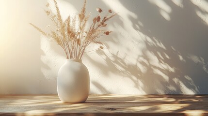 Dried flowers vase sunlight wooden table minimalist home decor