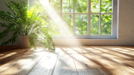 Sunlit room, plant, wooden floor, window view, home decor