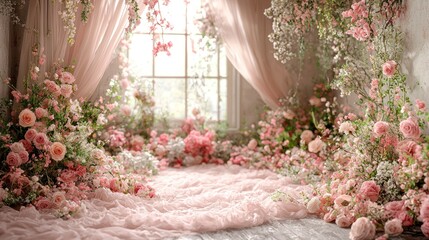 Romantic floral window display, soft pink hues, interior scene, for decor, prints or backgrounds