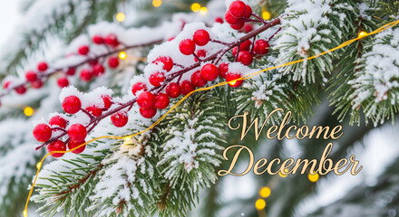 welcome december, pine branch, frosted leaves, red berries, warm lights, winter close-up, holiday macro, christmas nature, cozy holiday, december greeting, bokeh lights, natural decor, snowy details, 