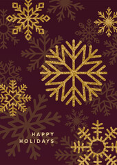Festive greeting card design. Snowflakes falling, winter holiday poster, vertical background. Snow flakes pattern, Merry Christmas and Happy New Year, seasonal postcard. Flat vector illustration.