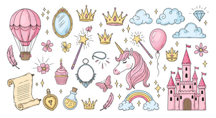 Enchanting watercolor set with unicorn, castle, crowns, and magical elements, perfect for creating whimsical designs and fairytalethemed projects isolated on © Ovi