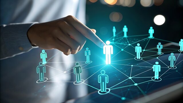 Connecting People through Digital Networks Hand Pointing to Virtual Icons Representing Teamwork and Collaboration in Business and Social Media