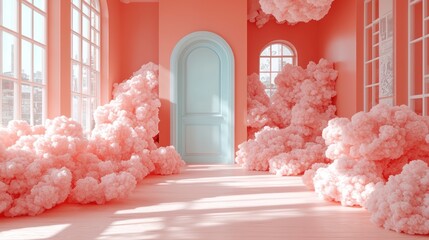Pink room, clouds, door, sunlight, dreamy interior design, website background