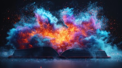 Magical book ablaze, vibrant colors, dark background; fantasy, education