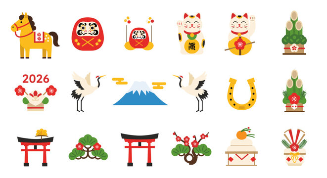 Auspicious japanese new year 2026 vector illustration featuring traditional lucky charms like daruma dolls, maneki neko cats, kadomatsu pine decorations, and mount fuji isolated on