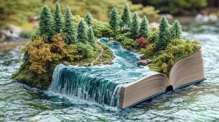 Forest waterfall flows from open book on water; nature, reading, escape