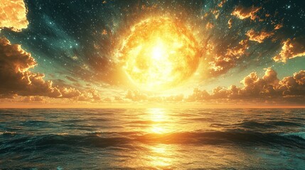 Fiery celestial body rising over ocean at sunset; cosmic background, fantasy artwork