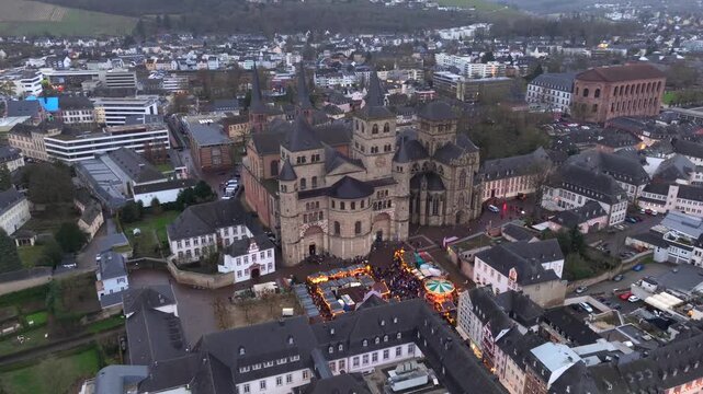 New Year in Trier, Germany. Trierer Weihnachtsmarkt, Aerial view of Hauptmarkt, Cathedral of Trier and Christmas market.