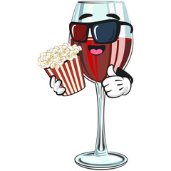 cute wine glass mascot character with red wine with a bucket of popcorn with wearing 3d glasses, fun cartoon drink vector illustration, work of hand drawn