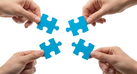 Hands connecting blue puzzle pieces together isolated on transparent background