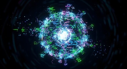 A pulsating digital virus or bacteria particle constructed from glowing code and data fragments, representing cyber threats, big data, and computer technology