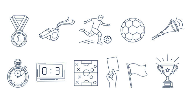 Hand drawn soccer doodle set isolated on collection of sport equipment, player, ball, whistle, medal, flag, trophy, stopwatch, vuvuzela, and tactic board
