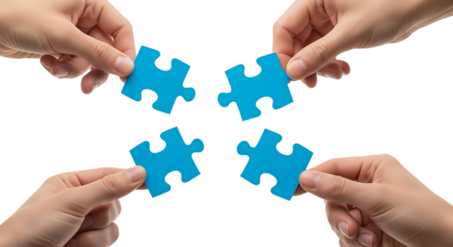 Hands connecting blue puzzle pieces together isolated on transparent background - Powered by Adobe