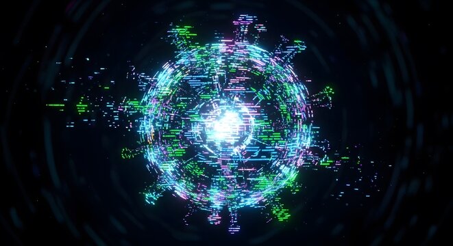A pulsating digital virus or bacteria particle constructed from glowing code and data fragments, representing cyber threats, big data, and computer technology