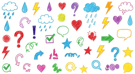 Colorful doodle sketch set isolated on hand drawn cloud, rain, lightning, heart, arrow, question mark, exclamation point, check mark, speech bubble, and star