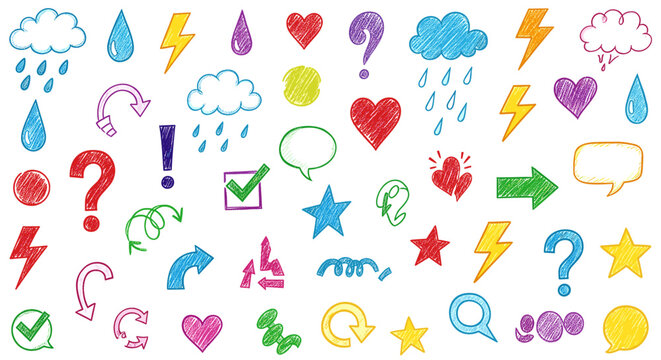 Colorful doodle sketch set isolated on hand drawn cloud, rain, lightning, heart, arrow, question mark, exclamation point, check mark, speech bubble, and star