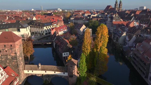 Aerial view of the Imperial Castle of Nuremberg, Germany. Historic medieval fortress, towers and old town of Nurnberg.