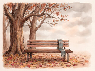 Abandoned Park Bench in Autumn Scene