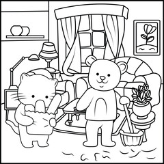 Cute cartoon cat and bear characters in a cozy room with furniture and plants for coloring coloring page